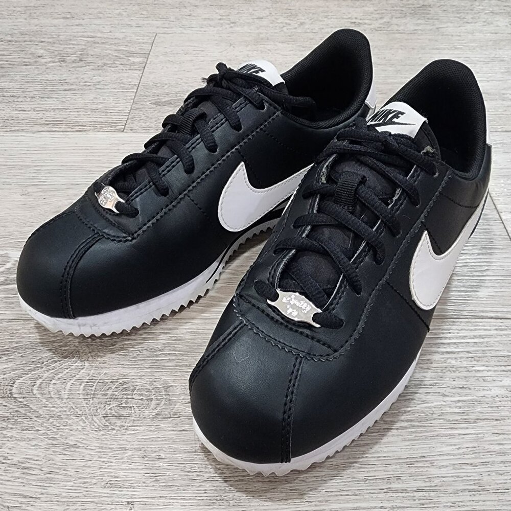 Nike Classic Cortez Leather Shoes Black White Sneakers Youth 5.5 Women 7